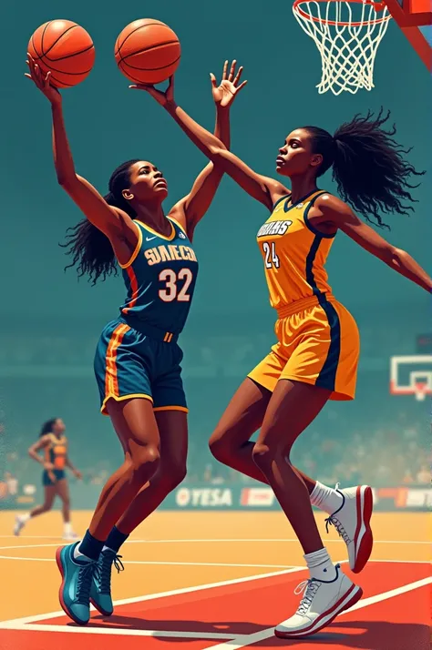 Je veux une affiche de match de basket 🏀 féminin dénommé : leydies-clash     . Je veux voir deux filles noires en fond une qui va marquer et l’autre qui att le rebond 