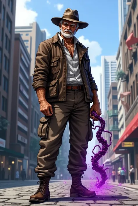 Picture Joseph Jostar from JoJos Bizarre Adventure
Picture old Joseph Jostar from Stardust Crusaders
Show me how Joseph Jostar wears Hermit Purple
Im going to change Joseph Jostars look to Indiana Jones
Get rid of the gun and turn the forest into a city; c...