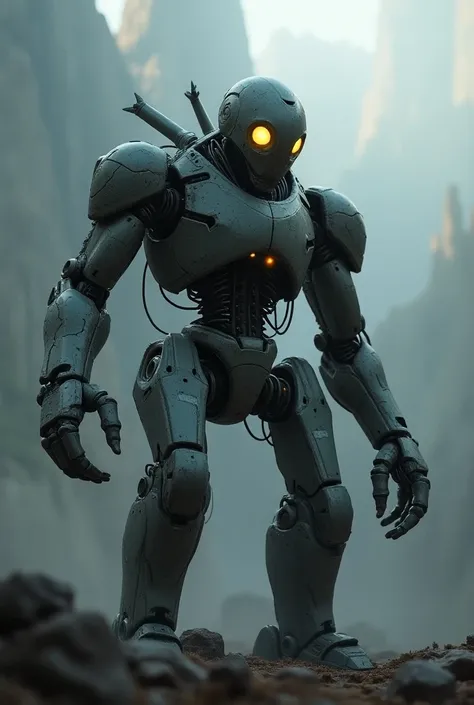 The robot should appear powerful but visibly worn down, with cracks, exposed wires, and faintly glowing eyes that hint at a past immense strength. The background should suggest a futuristic or dystopian setting, with subtle light rays or dramatic shadows t...