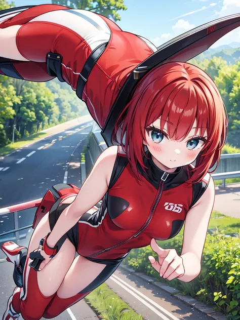  red haired medium bob playing with animals、Small breasts、 Very Beautiful Japanese High School Girl ,  riding a motorcycle at high speed on a rough road and driving acrobatic, ( acrobatic running high jump :1.5), solo crime , (She&#39;s all alone、 being ch...