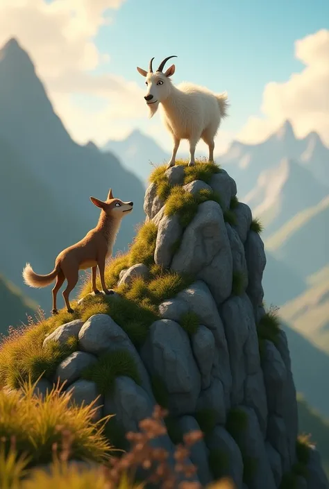 3D pixar Style 
A goat is walking on a mountain and a wolf is standing below and watching the goat. One more 