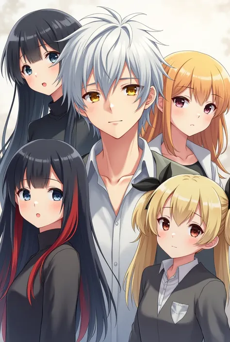 Make anime profile picture with 1 guy and 3 girls
 Guy have white hair color and first girl have long black hair . Second black and red hair and last blonde.