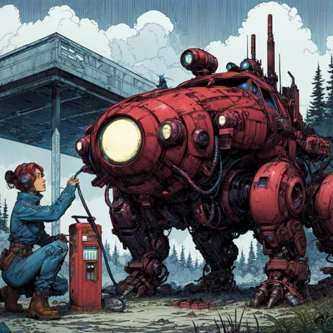 arafed robot with a gas pump and a woman filling up a can, style of moebius, métal hurlant, style of philippe druillet, alejandr...