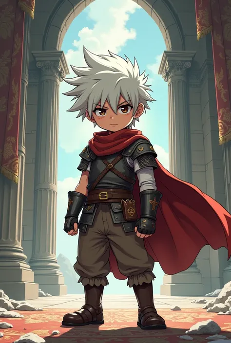  Create a young manga styled boy with messy white hair, wearing a warrior outfit inside 
A Castle  