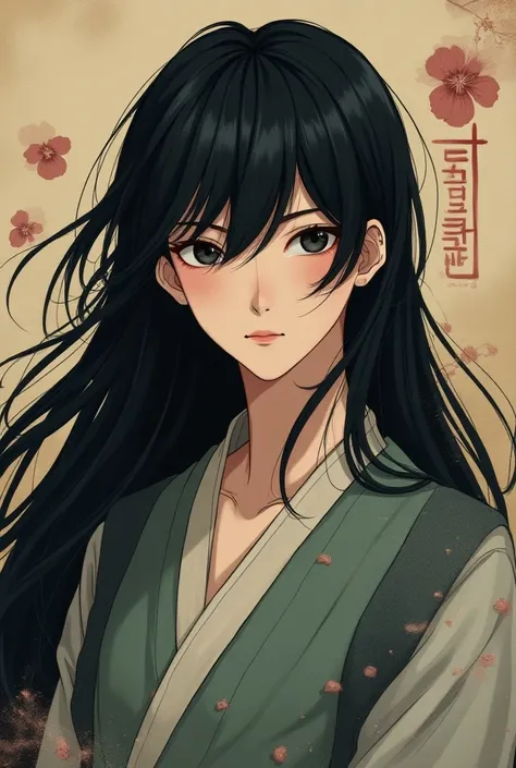  Japanese animation style，Long Black Hair Male，youth，Japanese vintage 