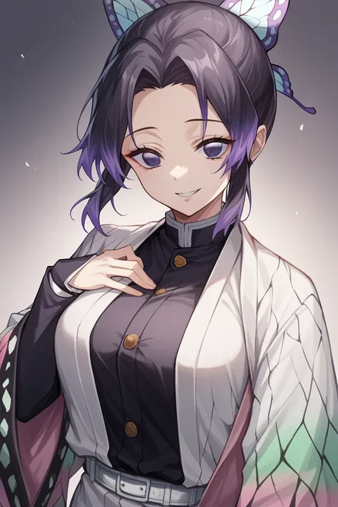 score_9, score_8_up, score_7_up, source_anime,
Shinobukochou, Shinobu Kochou, black tied hair, butterfly, butterfly hair ornament, purple eyes,
black pants, kimono, demon slayer uniform, long sleeves,
indoors, dojo, bent over, smile,
solo, dutch angle, loo...