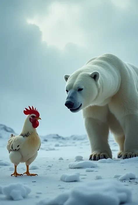  An ultra-realistic scene of a chicken and a polar bear caught in an intense fixed gaze. The chicken ,  with slightly bristled feathers ,  stands firm on two feet ,  looking surprisingly bold with a fierce look in their eyes . In front of her, The polar be...