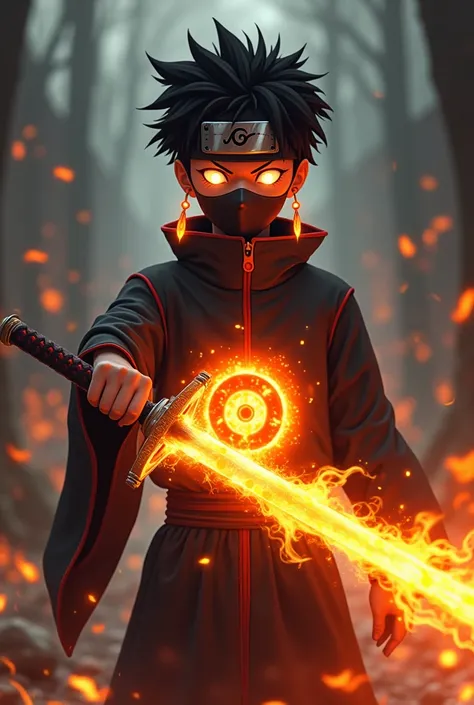 A boy who is a shinobi his age 14 who has a fire sword and fire earrings and he wears a mask, his eyes are the Six Paths Sharingan his chest fire chakr