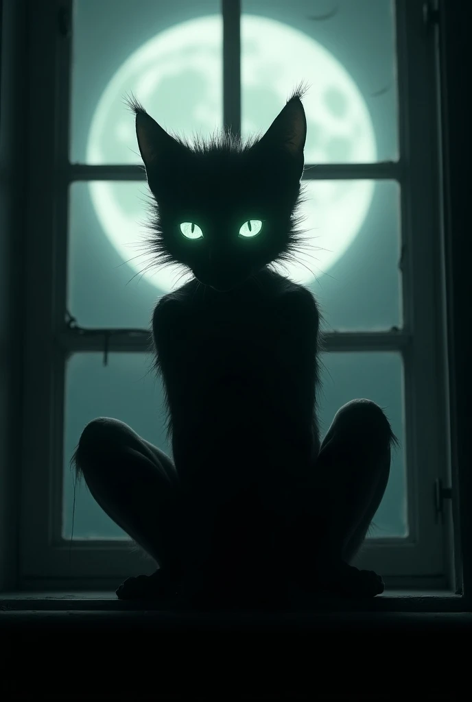 A half-human, half-cat figure with glowing eyes, sitting on a windowsill under a full moon, surrounded by shadows.