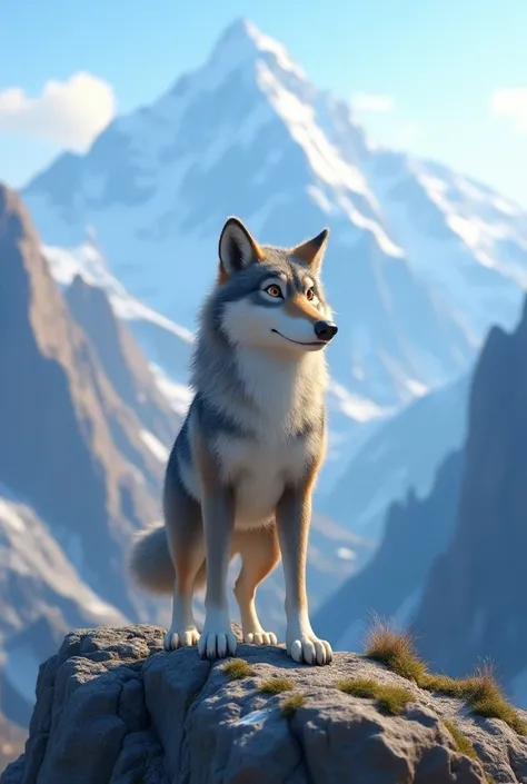 3D pixar Style A wolf standing on every mountain and saying something?