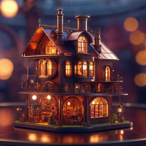 mini(ttp)  steampunk house,  very fine bokeh ,  reflections , miniature,  isometric , Cut in the center , Diagram