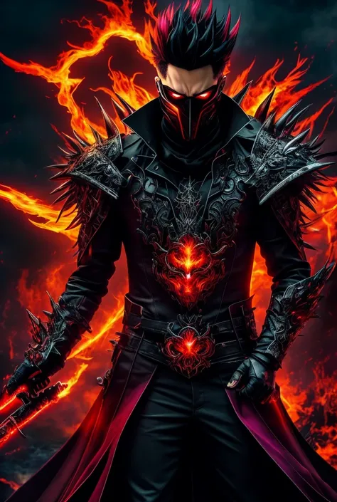 Digital artwork featuring a stylized, anime-inspired character with white spiky hair and dark clothing, standing amidst a dramatic, fiery background. The character has a serious expression, wearing a matching mask with deep red and black colors swirling ar...