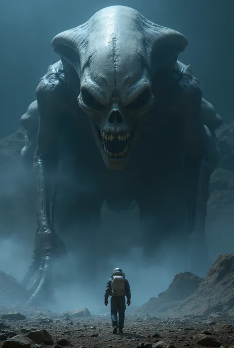 huge skull of alien monster in front of astronaut, alien planet endless space