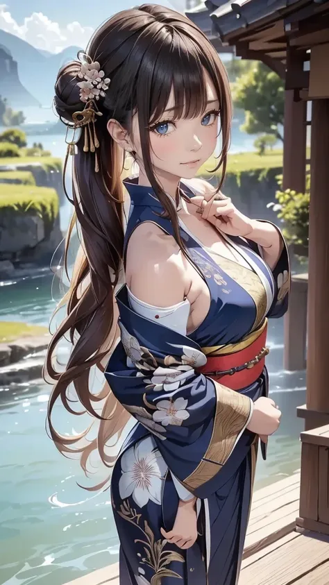 
portrait of a beautiful woman with long hair, two bun hairstyle with charming soft bangs, wearing a long navy blue kimono with small floral motifs, the collar of the kimono has charming intricate carvings, trousers of the same color, on the wrists of both...