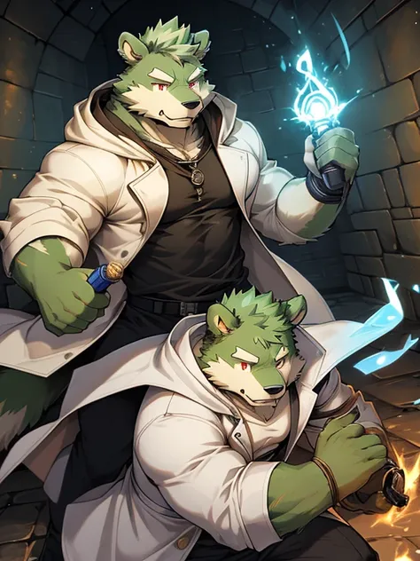 masterpiece,  high quality , Anime-Series,  detailed eyes , Male Jinpei, anthro, carry, Great physique,  strong arms male ,  casual suit , (((green carry))), (((green fur))), green hair, carryd,   white eyebrows, Bald,  detailed red eyes , large, glad, ( b...