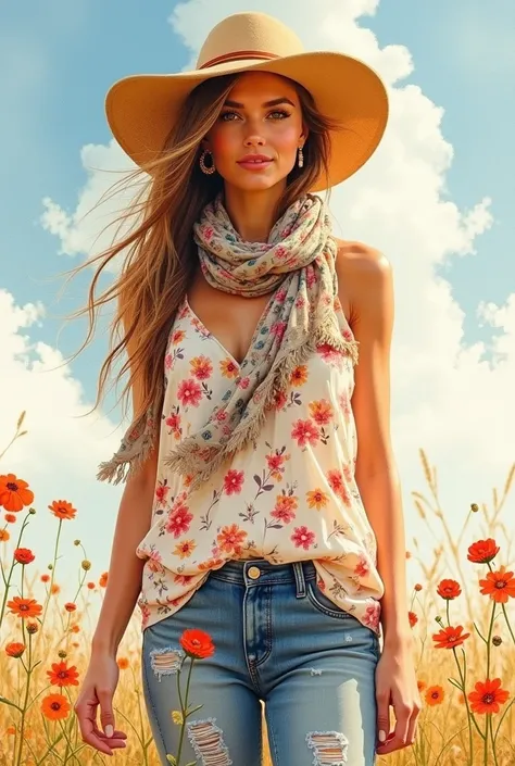 A warm, sun-kissed watercolor painting of a bohemian-style dress with a floral pattern. The dress is worn over a pair of jeans with a
patchwork design. The outfit is accessorized with a scarf with a pattern of colorful flowers and a wide-brimmed hat with a...