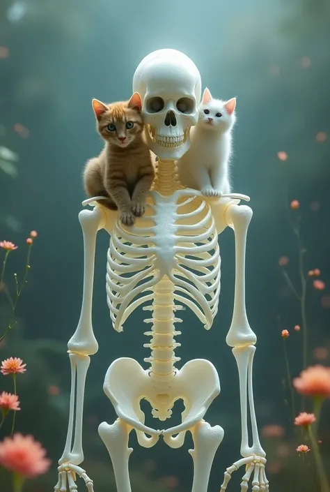 a glass skeleton of a human with a tabby cat and a fully white cat lying on the bed , iridescent filter, aesthetic background with flowers