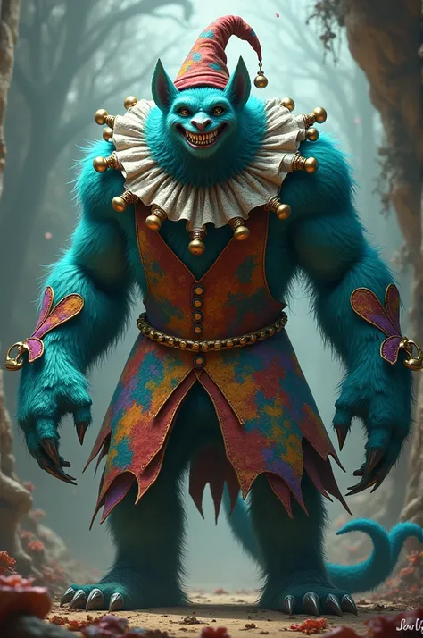 A monster with blue fur dressed as a joker