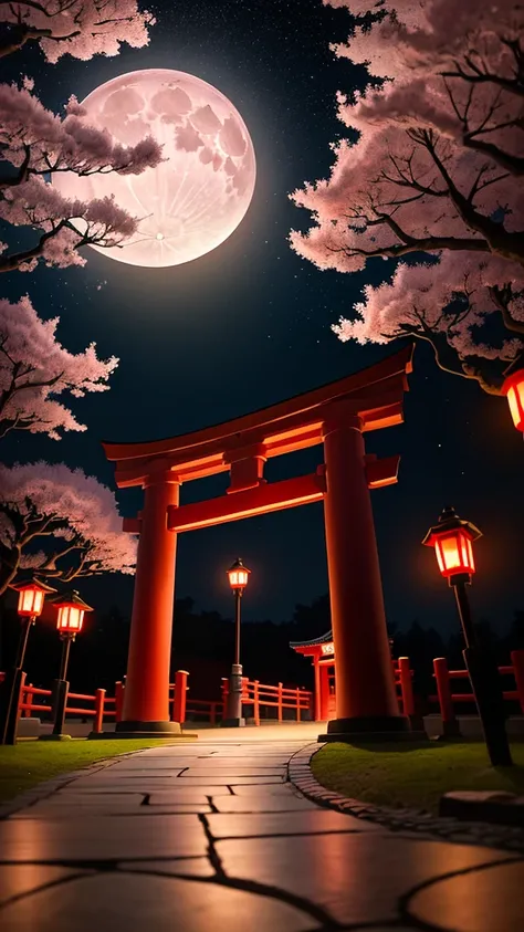 The full moon is rising ，A sky full of stars， the red torii gate is lit under the full moon ，Cherry blossom trees，Cherry blossoms are dancing， the red lantern， blurred background, Bloom, moonlight