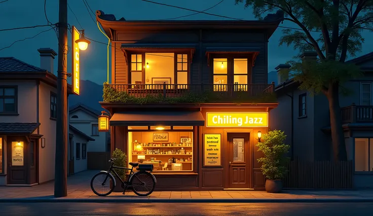 arafed view of a 3-floor lonely coffee shop, night view, yellow neon signboard with the name "Chilling Jazz", a bicycle in front, detailed, warm street lights store front, jazzy, pleasant cozy atmosphere, small hipster