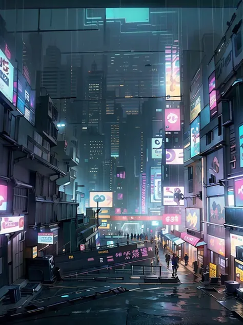 cyberpunk concept, building, scenery, car, city, motor vehicle, ground vehicle, no humans, outdoors, rain, street, road, neon li...