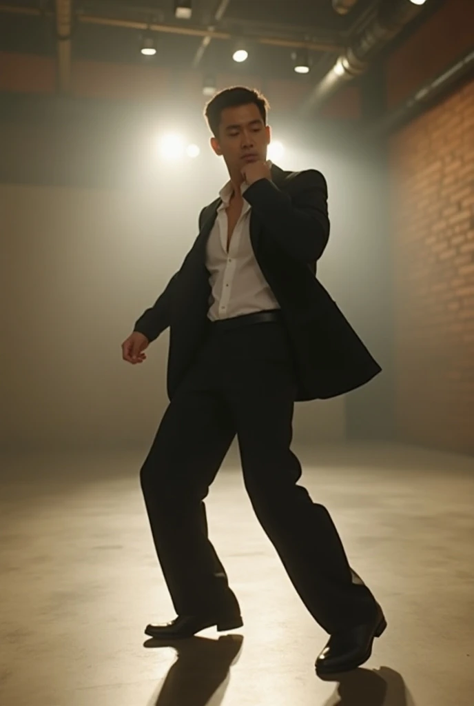 arafed image of a man in a suit standing in a room with lights, still from a music video, music video, official music video, performing a music video, he is dancing, youtube video screenshot, dancing in the background, looking confident, about to step on y...