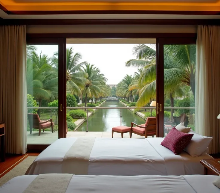 Interior view of a luxurious suite in the Villa Cluster Block at a serene tropical retreat and spa in Rajasthan, India. The suite features a spacious layout with Rajasthani decor, blending comfort with nature. A large window with a sill and a glass door le...