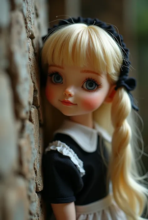 I want u to create a doll which looks like the real Annabel doll but with 2 side pigtail and dark blonde hair with triangle nose and little smile peeping out from a wall wearing a meiden dress and only half seen