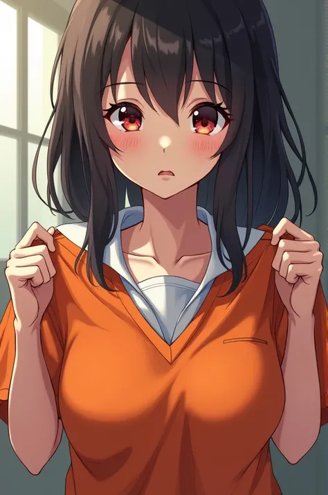 A teenage girl, holding an orange prison shirt, wearing a school uniform, not covering her body, big breasts, little visible breasts, anime