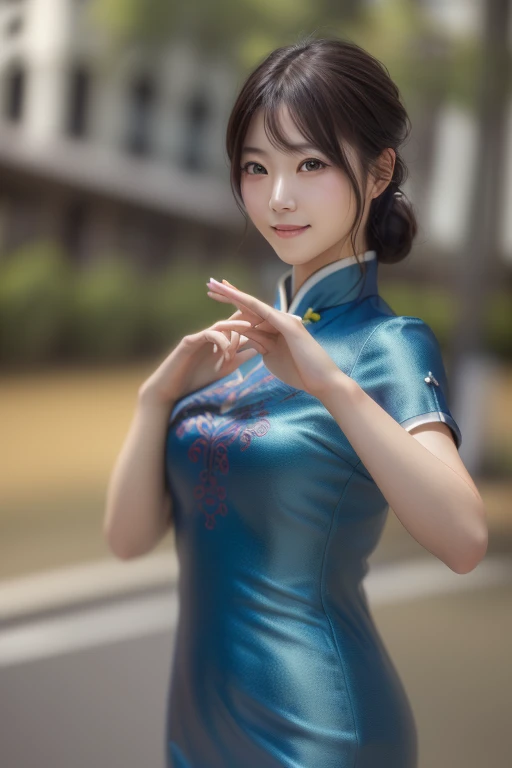 Photo-realistic quality、Japanese model posing for kung fu wearing a blue china dress、The background is a row of yellow ginkgo trees 、 looking at the camera、Rin々A good appearance、Detailed and beautiful eyes、Cute smile、 soft and gentle expression 