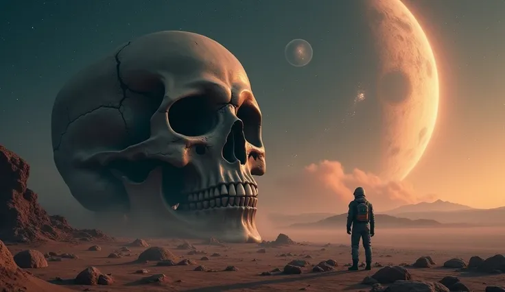 huge skull in the desert in front of the astronaut, alien planet endless space, dark ambient, darkness