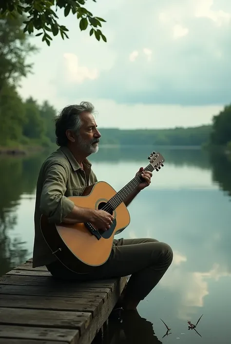  His passion was music ,  and every afternoon he would sit on the old pier next to the lake ,  letting the notes of his guitar flow like water reflecting the sky.