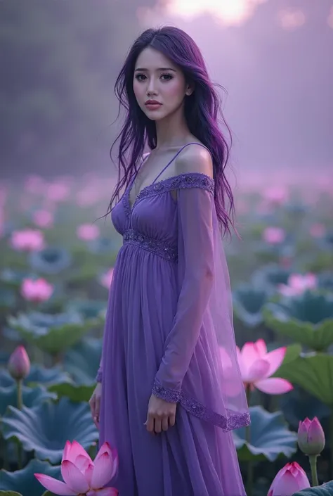 English woman 20 years old,skin fair,sparkling green eyes, dark purple hair,wearing a long purple dress,stepped on several lotuses,She is serene,Scenario poses,make-up,cinema image,quality,full body images,detailed, full body image,high resolution,Tuuli,tu...