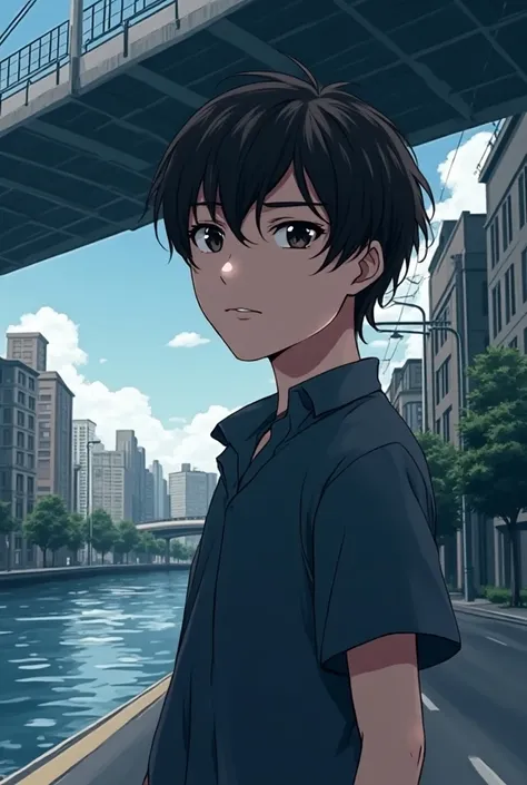 A anime boy with 3/4 face showing 
 standing on the street with a bridge above a river