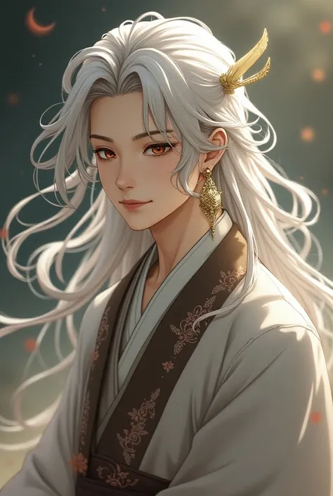  Japanese animation style，Long Silver-Haired Male，youth，Ancient costume