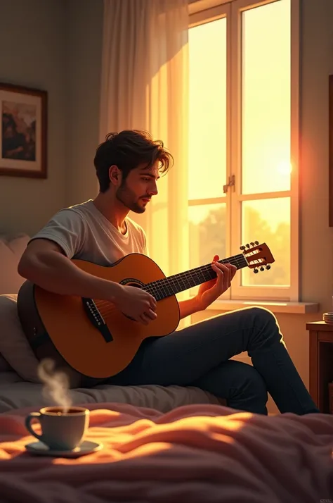 Here is the image of a man playing guitar in his room in the morning, with a cozy setup that includes a steaming coffee cup and warm sunlight streaming through the window. Let me know if youd like any adjustments!

