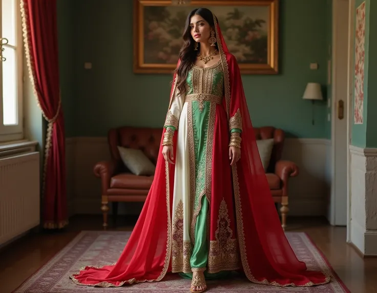 One Pakistani smart Girls realistic big chest fair skin fair face golden necklace, bracelets, watch Golden long sandals Pakistani fashionable red.green and white winter Shalwar Kameez Full Body cover dress Long dupatta on head In the house, What a beautifu...