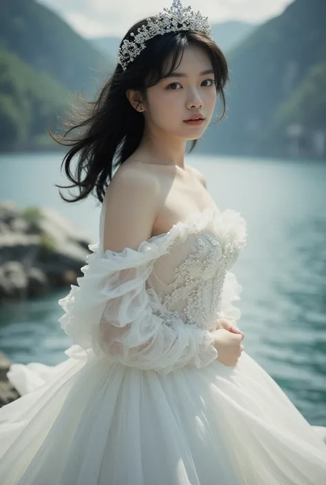 A beautiful and beautiful young princess with black hair with blue eyes, she is wearing her beautiful long white dress