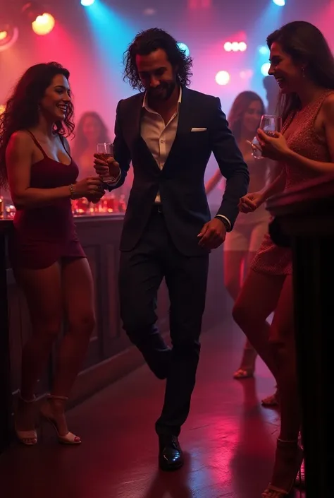 Andrea pirlo is dancing with lot of girls in club and drinking wisky