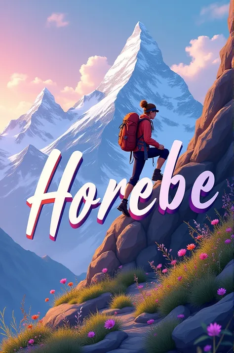  I want an image of mountains with a woman climbing ,  at the front of the mountain put the name HOREBE with a strong and visual tone that stands out, The image needs to be fun ,  creative and to attract attention with the lilac colors , purple, White, yel...