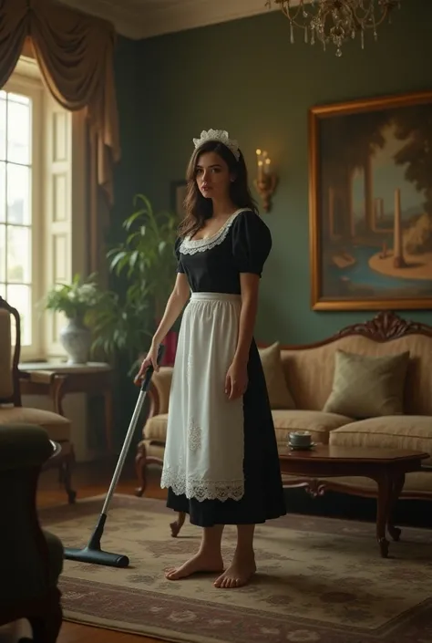   A beautiful woman dressed in maid clothes and barefoot cleaning a beautiful living room.   She has a vague and distant expression  , her eyes appear opaque and glazed  ,  as if she were deeply mesmerized  .