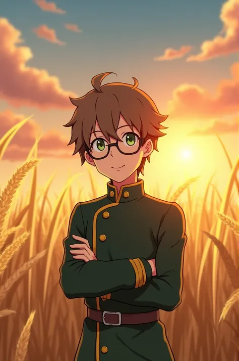 An anime-style boy with short, slightly messy brown hair posing in a golden wheat field at sunset. He has a serene and friendly expression, with green eyes, prescription glasses with black frames and a slight smile on his face, conveying tranquility and sa...