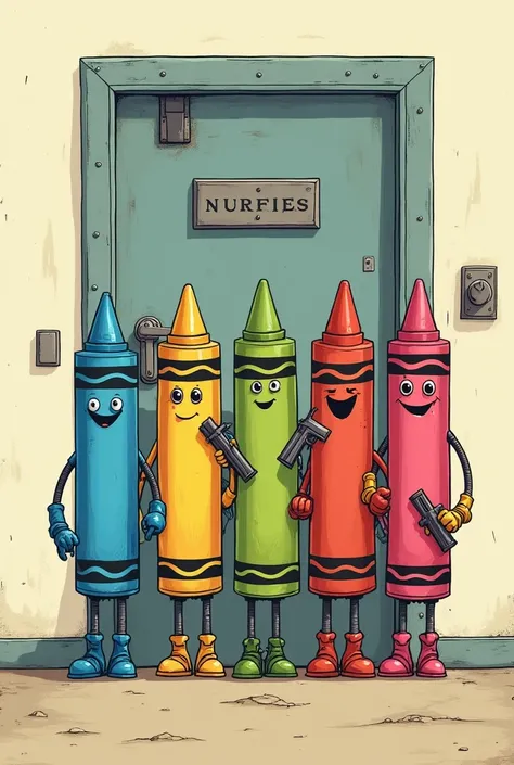 a blue, yellow, green, red and pink crayons in front of a metal secured door with legs and arms (like comic art style)