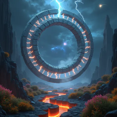  A Circular Portal of Stones that are like a Chain Connected by Lightning Each Stone Is Connected by Lightning Circular Floats in the Air You can see Wonderful Meadows of Flowers and Galactic Views into Space,  Background Where the Void and the Burned Eart...