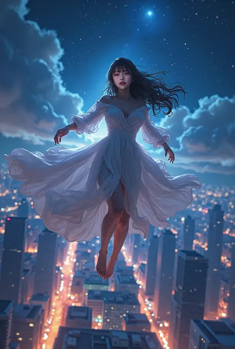 The background overlooks the night view of the city, and the time is night. In the middle, a beautiful woman is flying through the air and looking at the front