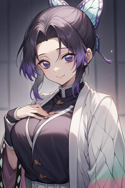 score_9, score_8_up, score_7_up, source_anime,
Shinobukochou, Shinobu Kochou, black tied hair, butterfly, butterfly hair ornament, purple eyes,
black pants, kimono, demon slayer uniform, long sleeves,
indoors, dojo, bent over, smile,
solo, dutch angle, loo...