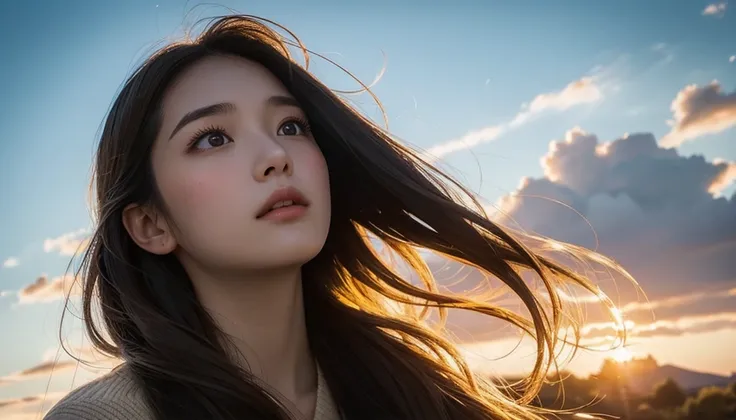 A beautiful girl is looking up at the kingdom while showing her face in the foreground。Her hair flutters in the wind、 There is a golden light effect drifting around it 。