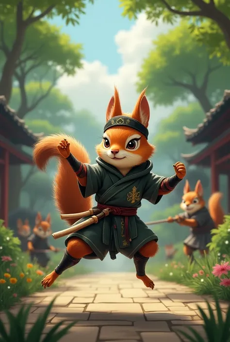 Please make an image of a squirrel student at Animal Ninja School
