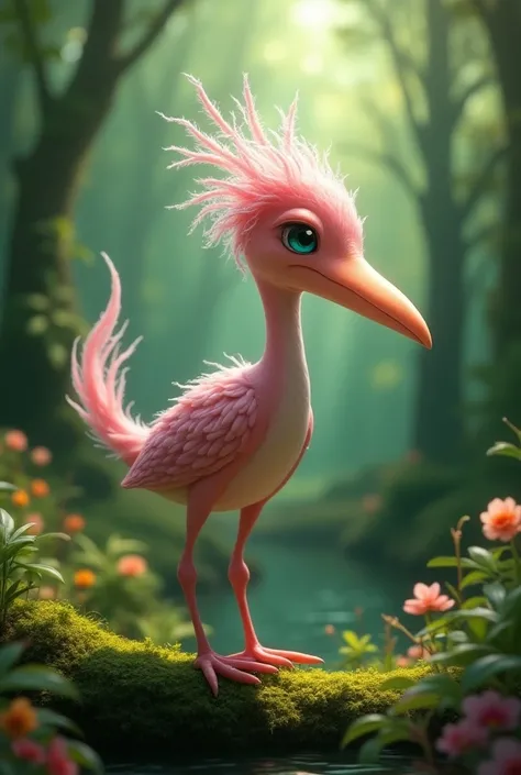 Create an image of a fantastical hybrid creature that combines features of a Shoebill and an Axolotl, set in a lush forest. This unique creature has the tall, upright body and large, curved beak of a Shoebill, but its skin is smooth and pink, resembling th...