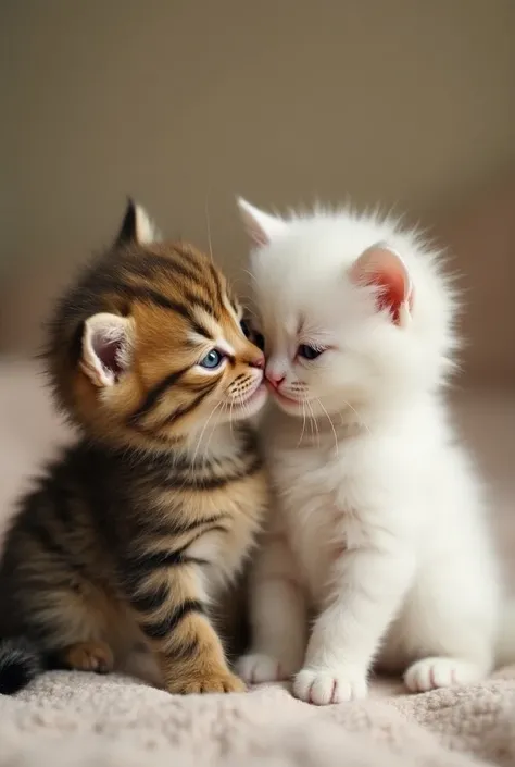 The cutest brown tiger pattern kitten in the world and the cutest white kitten in the world hug、Scenery of friendship 、Realistic、precious、 cute、Really cute、Too cute